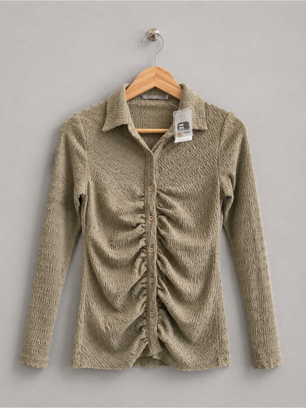 BKE Olive Green Ruched Button-Front Collared Top